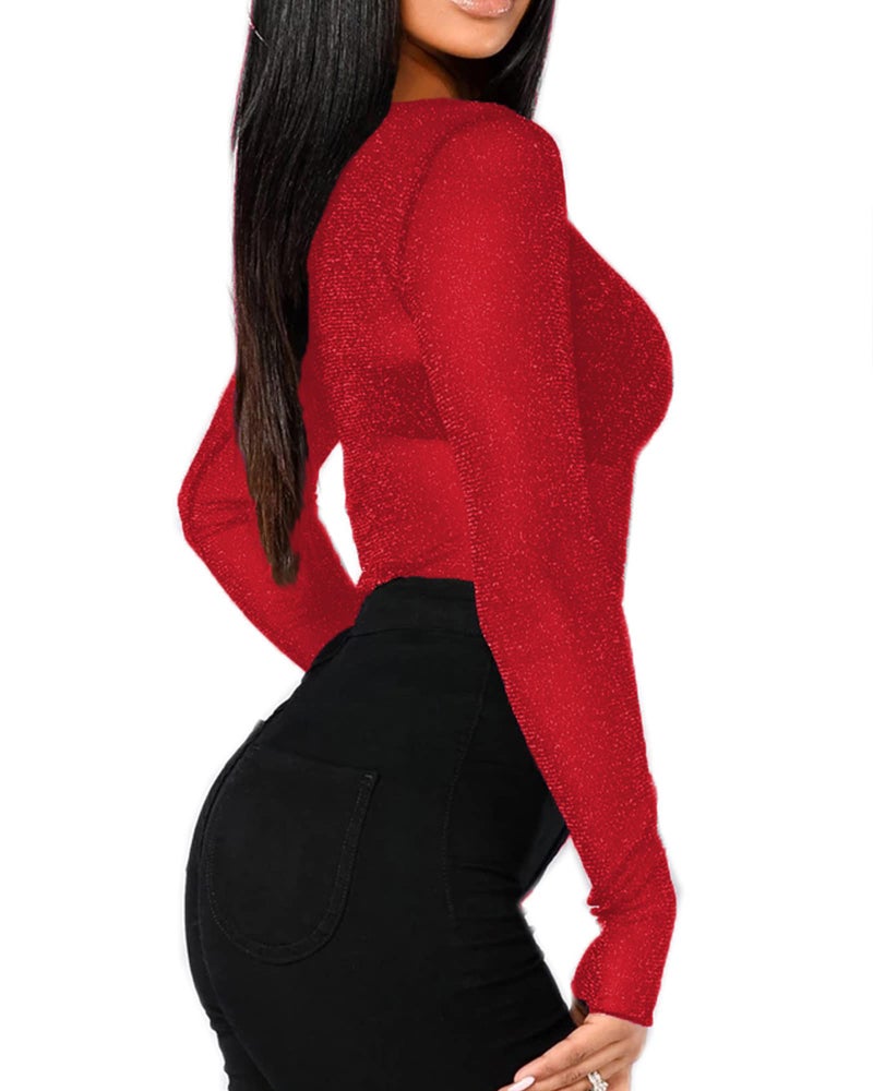 BelleLovin Women's Long Sleeve Glitter Mesh Tee Tops Sexy Night Out Blouse (Red-Round Neck, Small) - Image 2